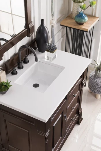 Brookfield 36" Single Vanity, Burnished Mahogany w/ 3 CM White Zeus Quartz Top - Image 5