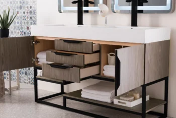 Columbia 59" Double Vanity, Ash Gray, Matte Black w/ Glossy White Composite Stone Top - Image 4