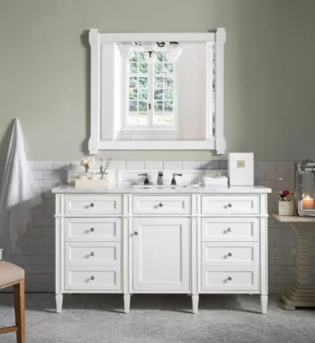 Brittany 60" Single Vanity, Bright White w/ 3 CM Carrara Marble Top - Image 2