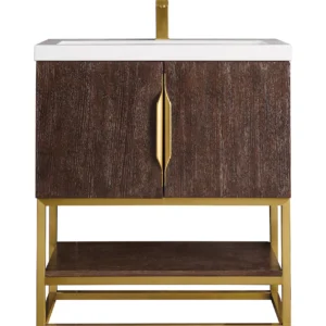 Columbia 31.5″ Single Vanity, Coffee Oak, Radiant Gold, w/ Glossy White Composite Stone Top