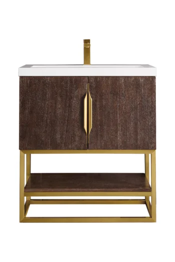 Columbia 31.5" Single Vanity, Coffee Oak, Radiant Gold, w/ Glossy White Composite Stone Top