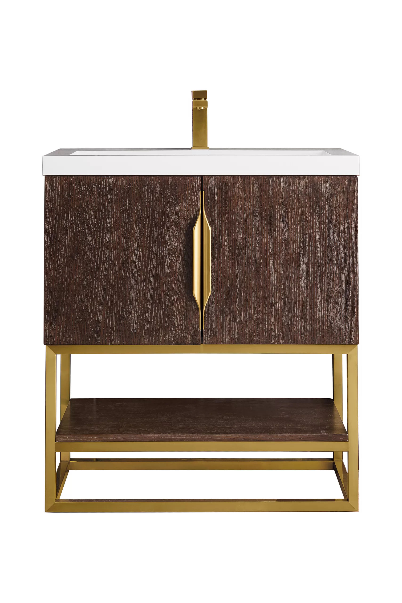 Columbia 31.5" Single Vanity, Coffee Oak, Radiant Gold, w/ Glossy White Composite Stone Top