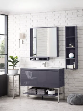 Milan 47.3" Single Vanity, Modern Gray Glossy, Brushed Nickel w/ Glossy White Composite Stone Top - Image 3