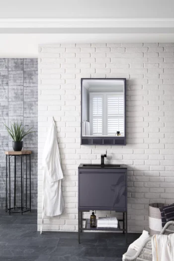 Milan 23.6" Single Vanity, Modern Gray Glossy, Matte Black w/ Charcoal Black Composite Stone Top - Image 2