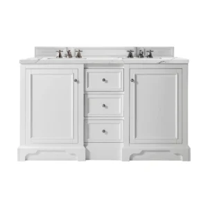 De Soto 60″ Double Vanity, Bright White w/ 3 CM Ethereal Noctis Quartz Top
