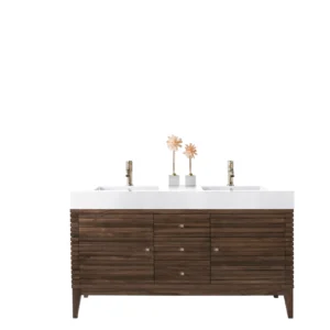 Linear 59″ Double Vanity, Mid-Century Walnut w/ Glossy White Composite Stone Top