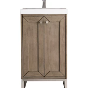 Chianti 20″ Single Vanity, Whitewashed Walnut, Brushed Nickel, w/ White Glossy Composite Stone Top