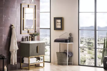 Columbia 31.5" Single Vanity, Ash Gray, Radiant Gold, w/ White Glossy Composite Stone Top - Image 3