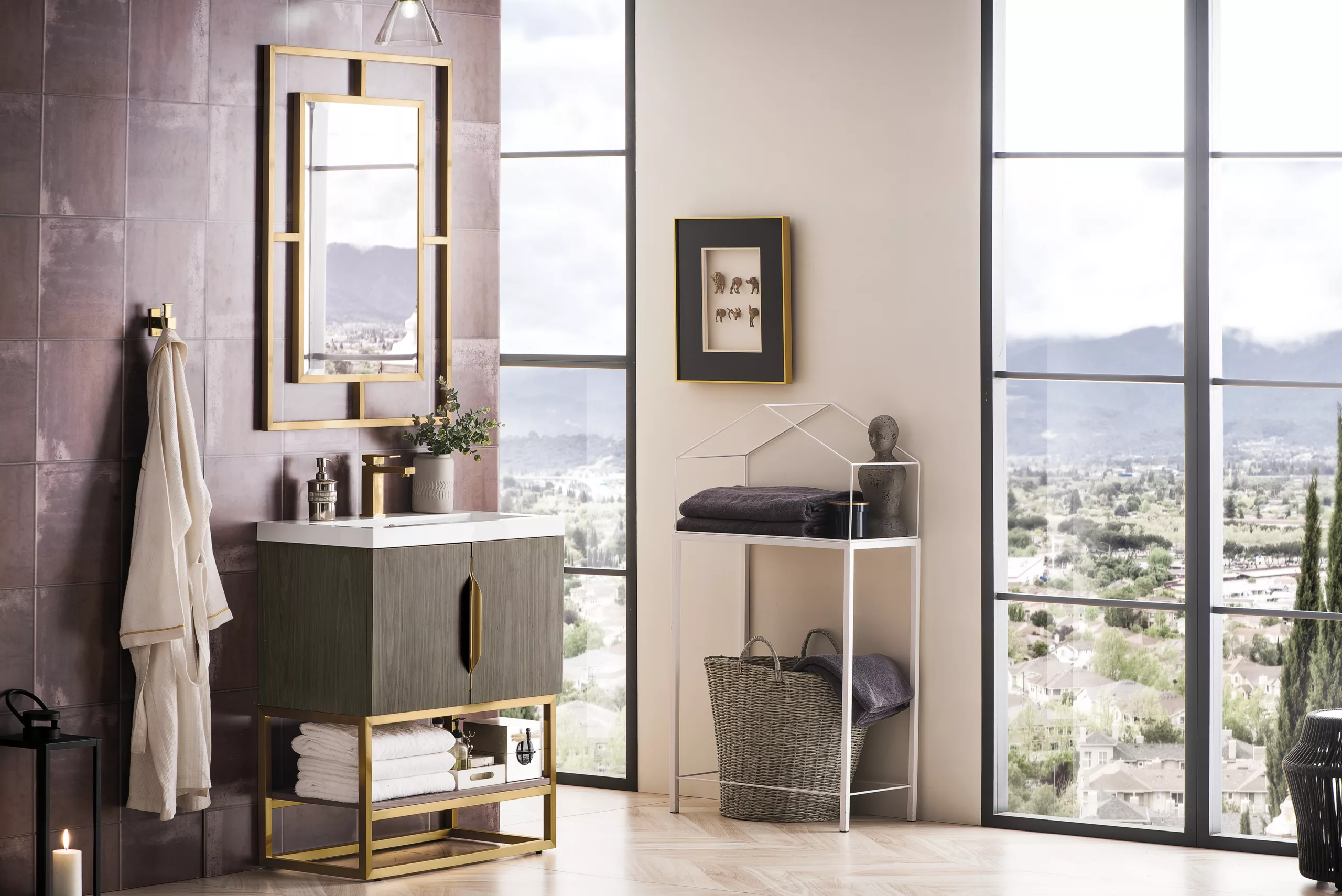 Columbia 31.5" Single Vanity, Ash Gray, Radiant Gold, w/ White Glossy Composite Stone Top - Image 3