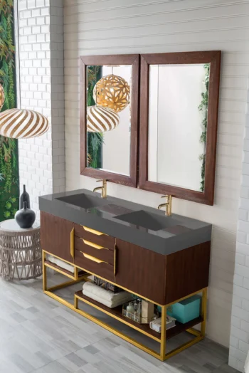 Columbia 59" Double Vanity, Coffee Oak, Radiant Gold w/ Dusk Grey Glossy Composite Stone Top - Image 3