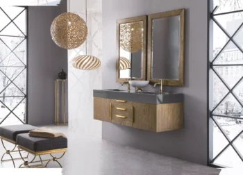 Mercer Island 59" Double Vanity, Latte Oak, Radiant Gold w/ Dusk Grey Glossy Composite Stone Top - Image 3