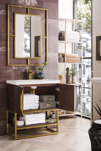 Columbia 31.5" Single Vanity, Coffee Oak, Radiant Gold, w/ Glossy White Composite Stone Top - Image 4