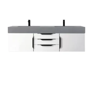 Mercer Island 59″ Double Vanity, Glossy White, Matte Black w/ Dusk Grey Glossy Composite Stone Top