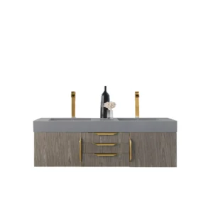 Mercer Island 59″ Double Vanity, Ash Gray, Radiant Gold w/ Dusk Grey Glossy Composite Stone Top