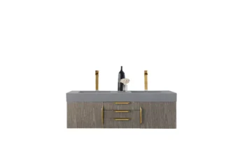 Mercer Island 59" Double Vanity, Ash Gray, Radiant Gold w/ Dusk Grey Glossy Composite Stone Top