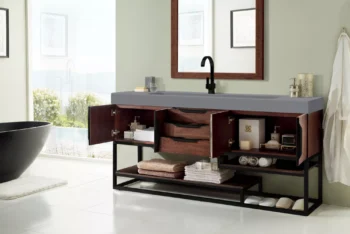 Columbia 72" Single Vanity, Coffee Oak, Matte Black w/ Dusk Grey Glossy Composite Stone Top - Image 3