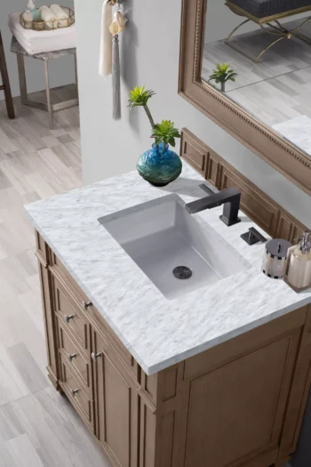 Bristol 30" Single Vanity, Whitewashed Walnut w/ 3 CM Carrara Marble Top - Image 3