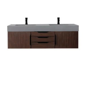 Mercer Island 59″ Double Vanity, Coffee Oak, Matte Black w/ Dusk Grey Glossy Composite Stone Top