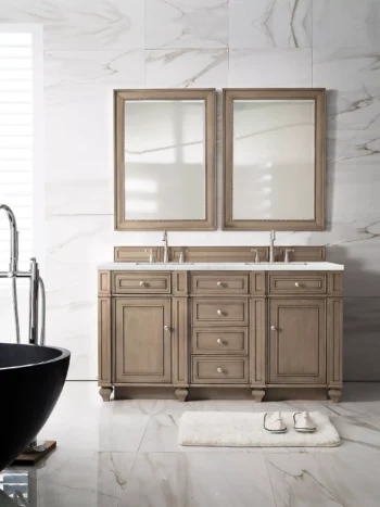Bristol 60" Double Vanity, Whitewashed Walnut w/ 3 CM Eternal Jasmine Pearl Quartz Top - Image 2