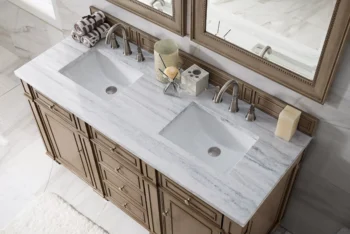 Bristol 60" Double Vanity, Whitewashed Walnut w/ 3 CM Arctic Fall Solid Surface Top - Image 3