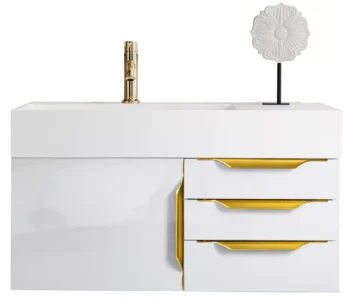 Mercer Island 36" Single Vanity, Glossy White, Radiant Gold w/ Glossy White Composite Stone Top