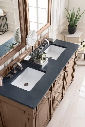 Bristol 60" Double Vanity, Whitewashed Walnut w/ 3 CM Charcoal Soapstone Quartz Top - Image 3