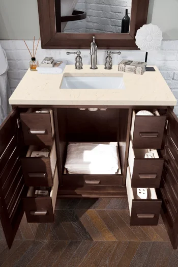 Portland 36" Single Vanity, Burnished Mahogany w/ 3 CM Eternal Marfil Quartz Top - Image 4