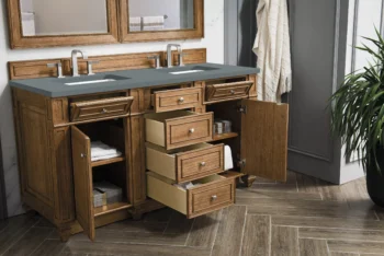 Bristol 60" Double Vanity, Saddle Brown w/ 3 CM Cala Blue Top - Image 4