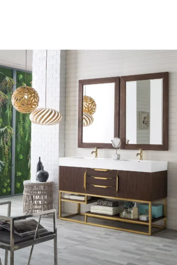 Columbia 59" Double Vanity, Coffee Oak, Radiant Gold w/ Glossy White Composite Stone Top - Image 3