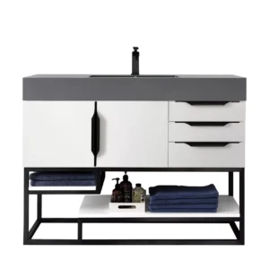 Columbia 48″ Single Vanity, Glossy White, Matte Black w/ Dusk Grey Glossy Composite Stone Top