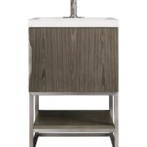 Columbia 24″ Single Vanity, Ash Gray, Brushed Nickel w/ White Glossy Composite Stone Top