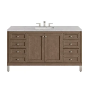 Chicago 60″ Single Vanity, Whitewashed Walnut w/ 3 CM Eternal Jasmine Pearl Quartz Top