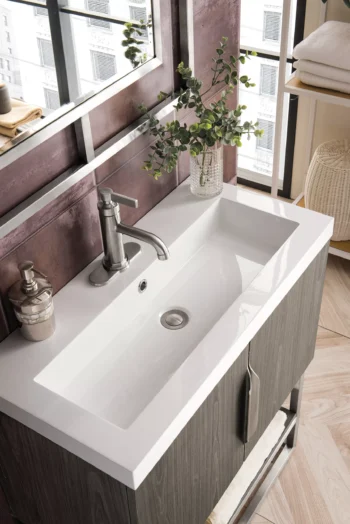 Columbia 31.5" Single Vanity, Ash Gray, Brushed Nickel, w/ White Glossy Composite Stone Top - Image 7
