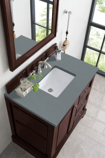 De Soto 36" Single Vanity, Burnished Mahogany w/ 3 CM Cala Blue Top - Image 4