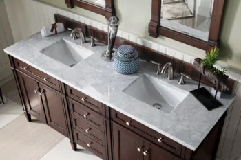 Brittany 72" Double Vanity, Burnished Mahogany w/ 3 CM Carrara Marble Top - Image 5