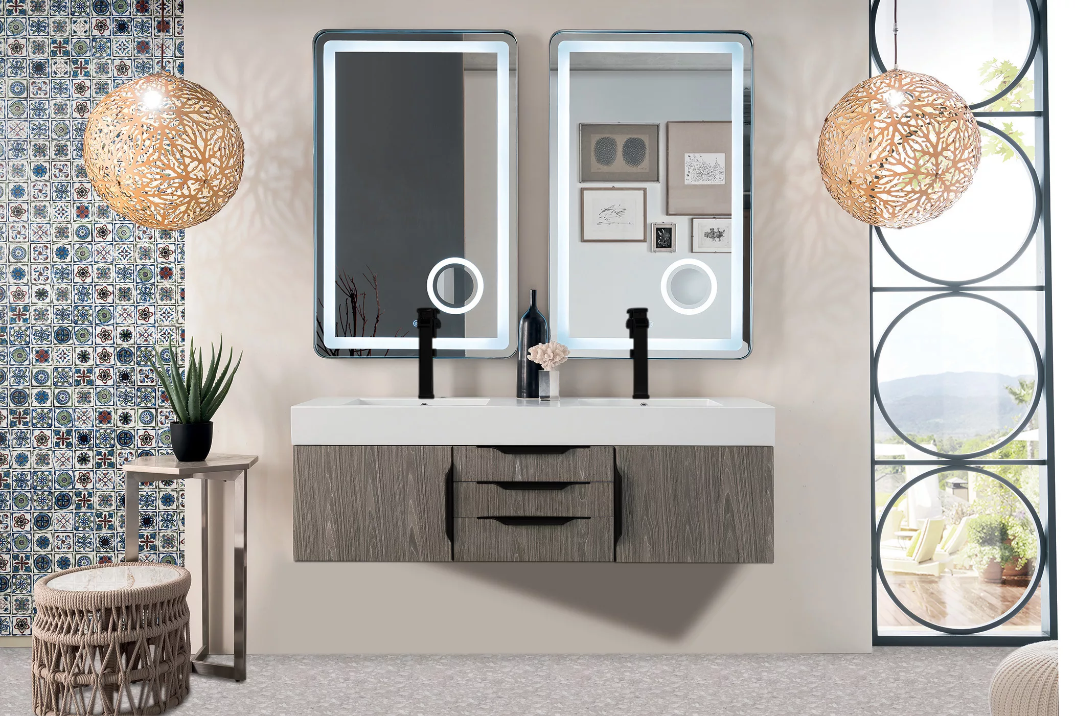 Mercer Island 59" Double Vanity, Ash Gray, Matte Black w/ Glossy White Composite Stone Top - Image 2