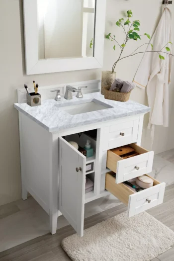 Palisades 36" Single Vanity, Bright White w/ 3 CM Carrara Marble Top - Image 3