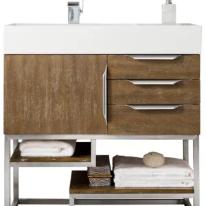 Columbia 36″ Single Vanity, Latte Oak w/ Glossy White Composite Stone Top