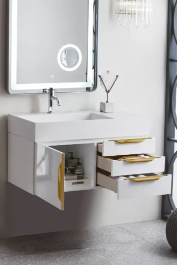 Mercer Island 36" Single Vanity, Glossy White, Radiant Gold w/ Glossy White Composite Stone Top - Image 4
