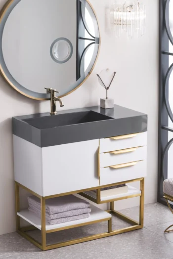 Columbia 36" Single Vanity, Glossy White, Radiant Gold w/ Dusk Grey Glossy Composite Stone Top - Image 3