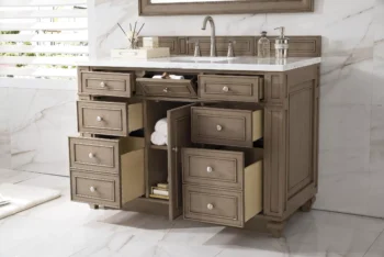 Bristol 48" Single Vanity, Whitewashed Walnut w/ 3 CM Arctic Fall Solid Surface Top - Image 4