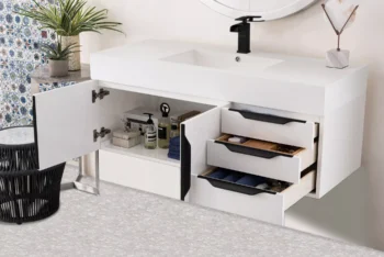 Mercer Island 48" Single Vanity, Glossy White, Matte Black w/ Glossy White Composite Stone Top - Image 4