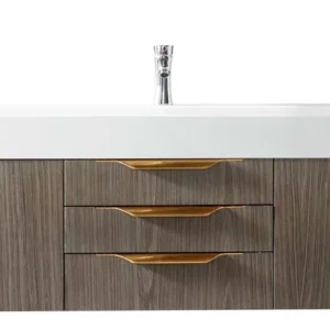 Mercer Island 72″ Single Vanity, Ash Gray, Radiant Gold w/ Glossy White Composite Stone Top