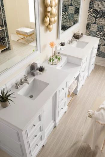 De Soto 118" Double Vanity Set, Bright White w/ 3 CM White Zeus Quartz Top - Image 2