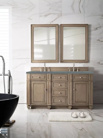 Bristol 60" Double Vanity, Whitewashed Walnut w/ 3 CM Cala Blue Top - Image 2