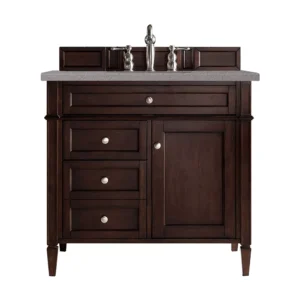 Brittany 36″ Single Vanity, Burnished Mahogany w/ 3 CM Grey Expo Top