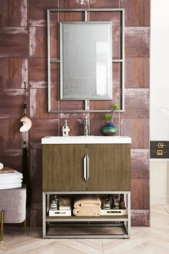 Columbia 31.5" Single Vanity, Latte Oak, Brushed Nickel, w/ White Glossy Composite Stone Top - Image 2
