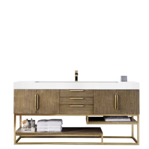 Columbia 72″ Single Vanity, Latte Oak, Radiant Gold w/ Glossy White Composite Stone Top