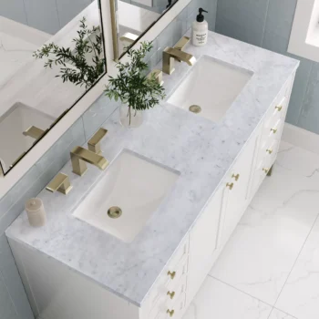 Chicago 60" Double Vanity, Glossy White w/ 3 CM Carrara Marble Top - Image 4