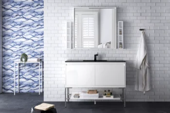 Milan 47.3" Single Vanity, Glossy White, Brushed Nickel w/ Charcoal Black Composite Stone Top - Image 2